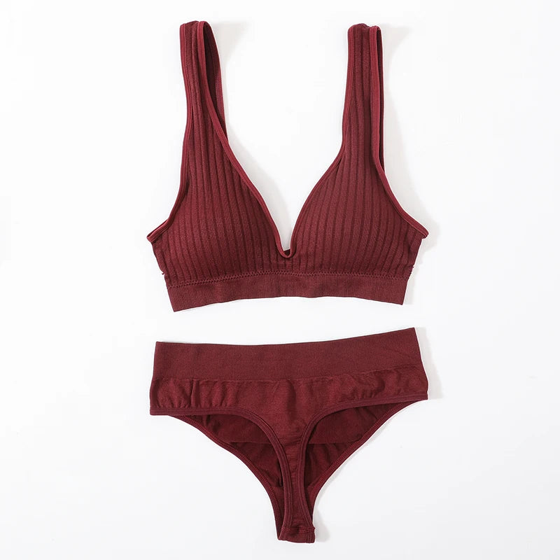 Seamless Underwear Set Women Sport Lingerie Set Wireless Deep V Bra