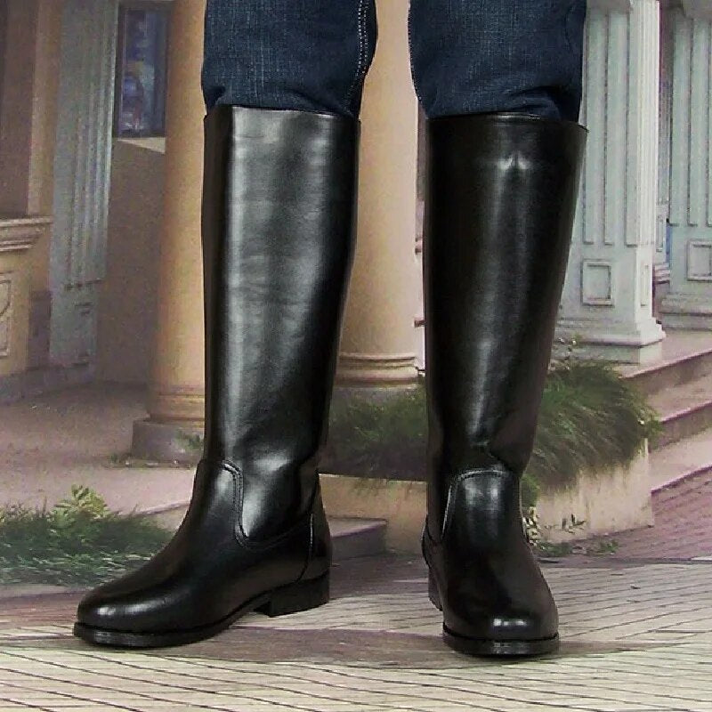Genuine Leather Mesh Long Equestrian Boots Winter Male Plush Cow Leather Military Boots
