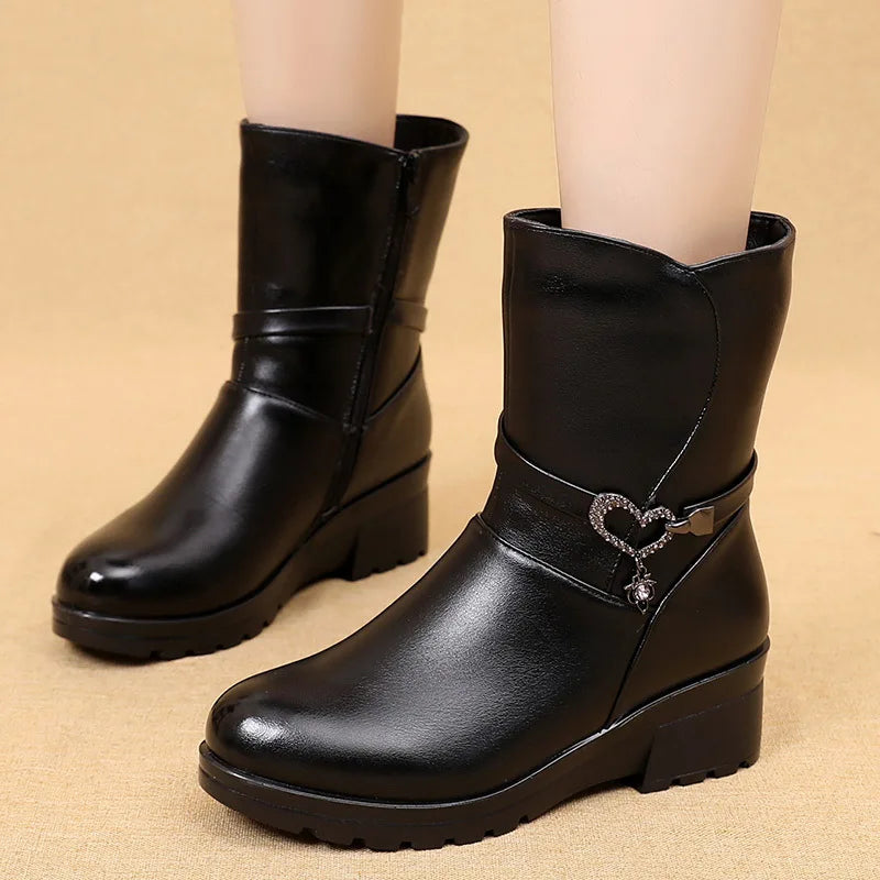 Winter Women Mid Calf Boots Casual Round Toe Zipper Plush Warm Female Shoes
