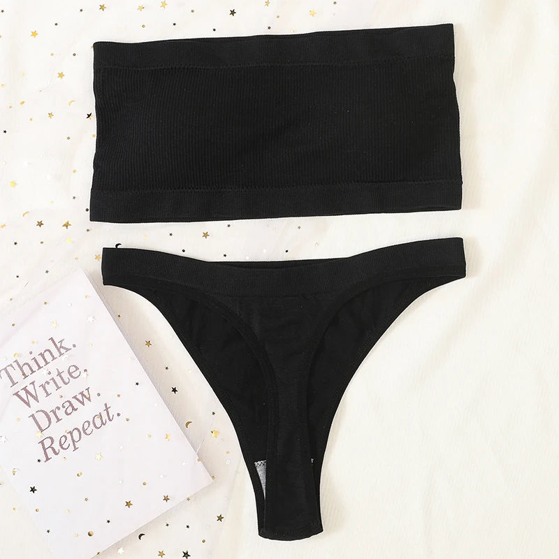 Women Bra Set Strapless Seamless Underwear Push Up Bra High Waist Thong