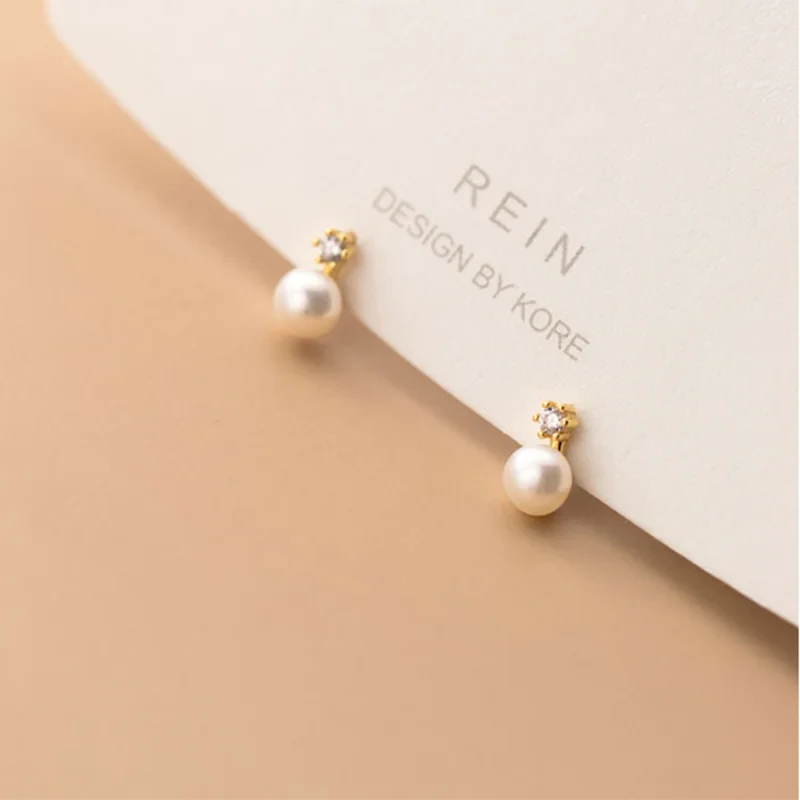 WANTME Genuine 925 Sterling Silver Geometric Zircon Pearl Mini Small Stud Earrings for Women Chic Charming Korean Jewelry 2021