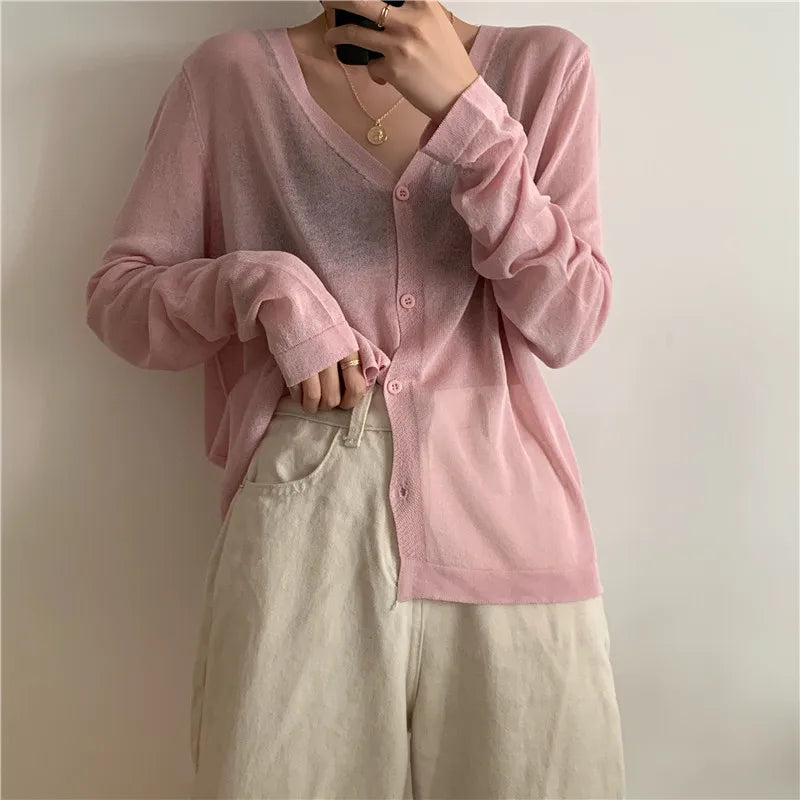 Cardigan Shirt Women Tops Korean Long Sleeve Cardigan Summer Tops V Neck