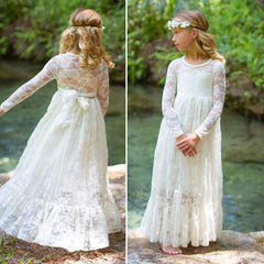 2 -12 Yrs Baby Girl Lace Maxi Dress Big Bow Long Sleeve Elegant Flower