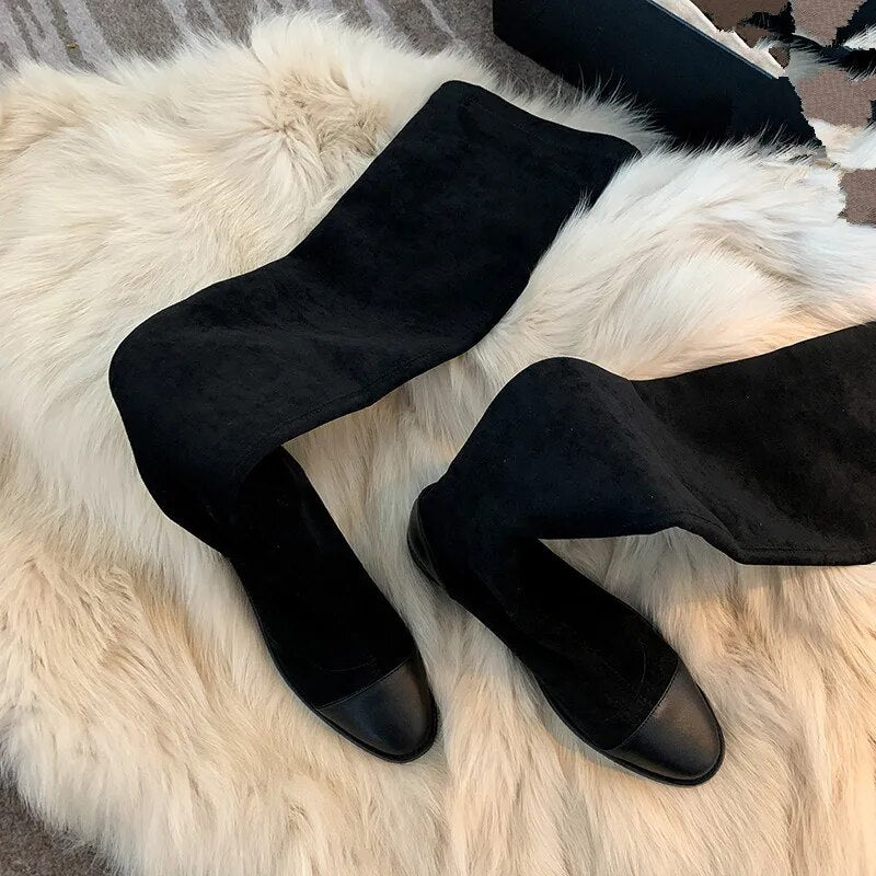 Genuine leather Women low Heels Over The Knee High Boots Party Shoes Woman Tight High Warm Winter Snow Boots Long Shoes