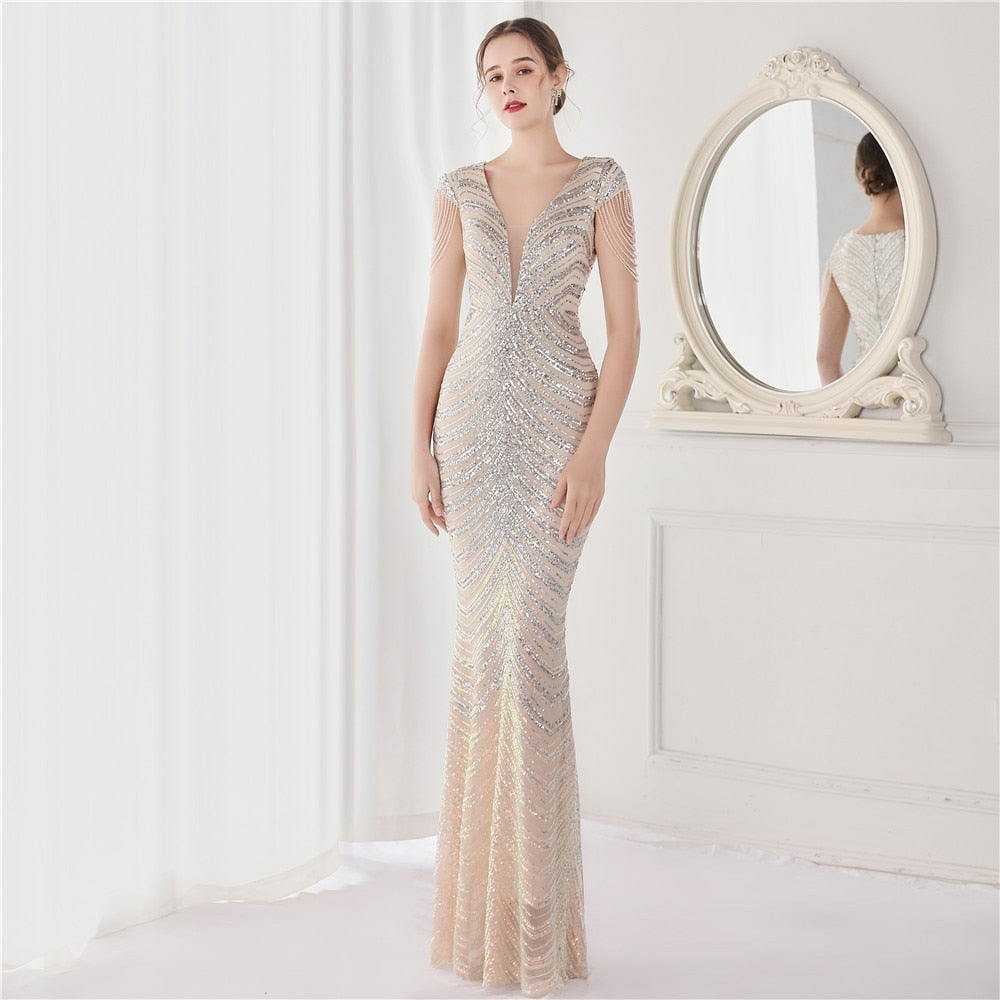 Evening wear Dresses: V Neck Green Sequin Evening Dress Party Maxi Dress for Ladies
