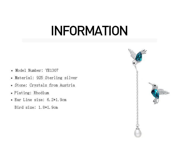 S925 Sterling Silver Hummingbird Freshwater Pearl Earrings Green Austrian Crystals Cute Animal Jewelry Gifts for Women Girls