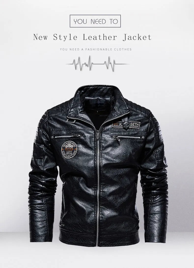 Leather Jacket Men Winter Fleece Motorcycle PU Leather Jacket Mens Stand Collar