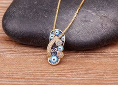 Pave CZ Rhinestone Enamel Slipper Pendant For Women Blue Evil Eye Necklace