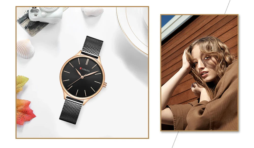 CURREN Original Women's Luxury Watch Matte Dial Japanese Quartz Movement Stainless Steel Mesh Strap with Box