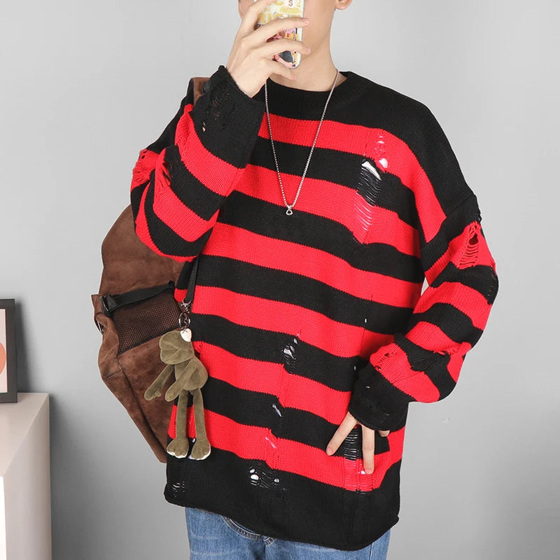 Black Stripe Sweaters Destroyed Ripped Sweater Men Pullover Hole Knit Jumpers Men