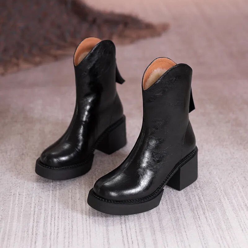 Women Boots Women Shoes Round Toe Square Heel Real Wool Thick Heel Short Boots