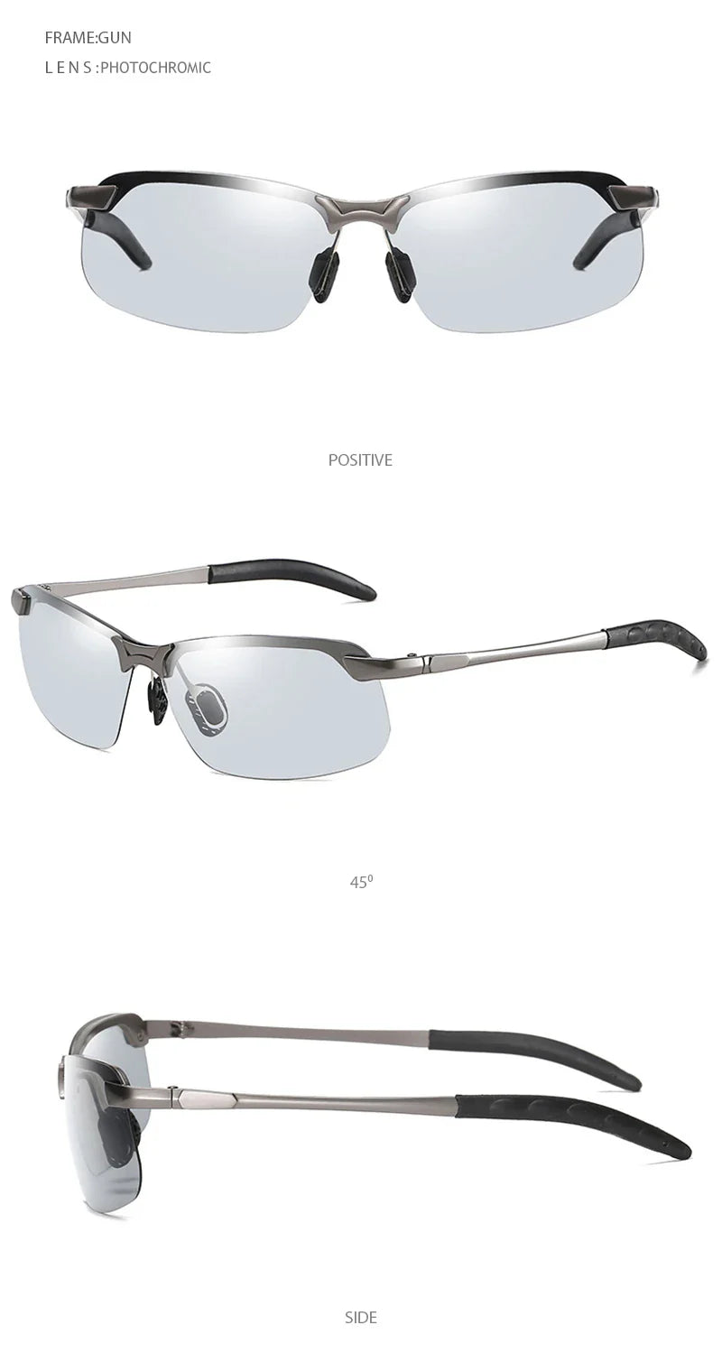 Half-frame Photochromic Sunglasses Men Women Vintage Metal Polarized Sun Glasses For Male Night Vision Driving Shades