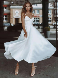 White Wedding Dresses Sleeveless Ankle Length Wedding Gowns