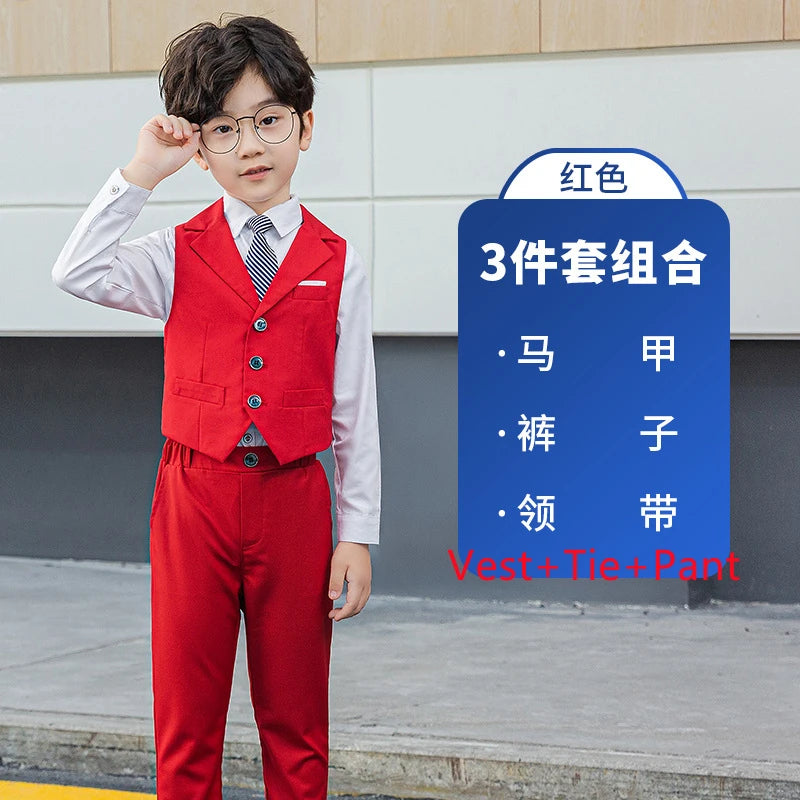 Boy Top Ring Bearer Waistcoat Clothes Set Kids Formal Suits Child Tie Long Sleeve Shirt Vest Trousers Toddler Gentleman Outfits