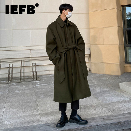 Tweed Overcoat Men's Autumn Winter Long Coat Loose Knee-length Korean