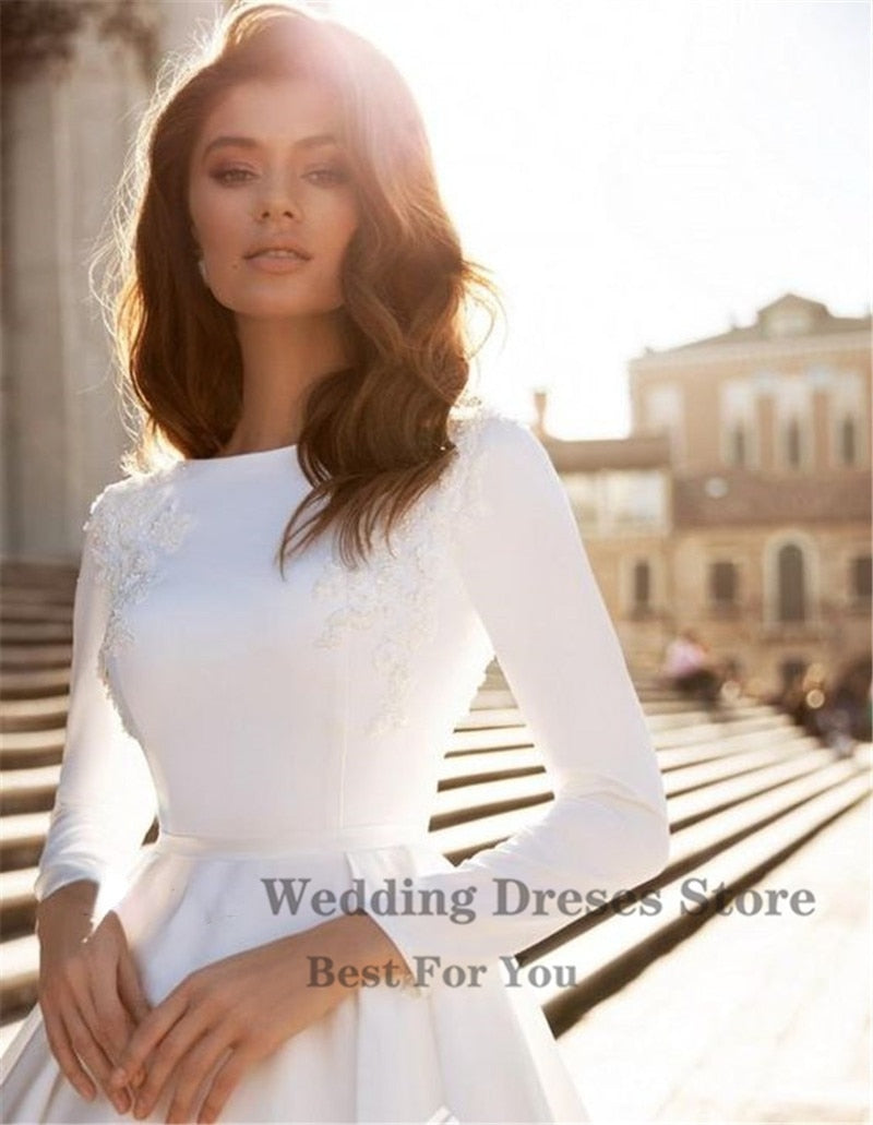 A-line Wedding Dress Ivory Satin Wedding Gowns Elegant Long Sleeve