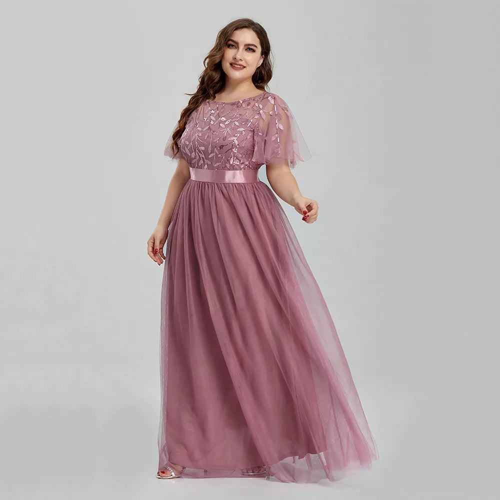 Homecoming Dresses: Women's Plus Size Mesh A-Line Sequin Embroidery Evening Dress