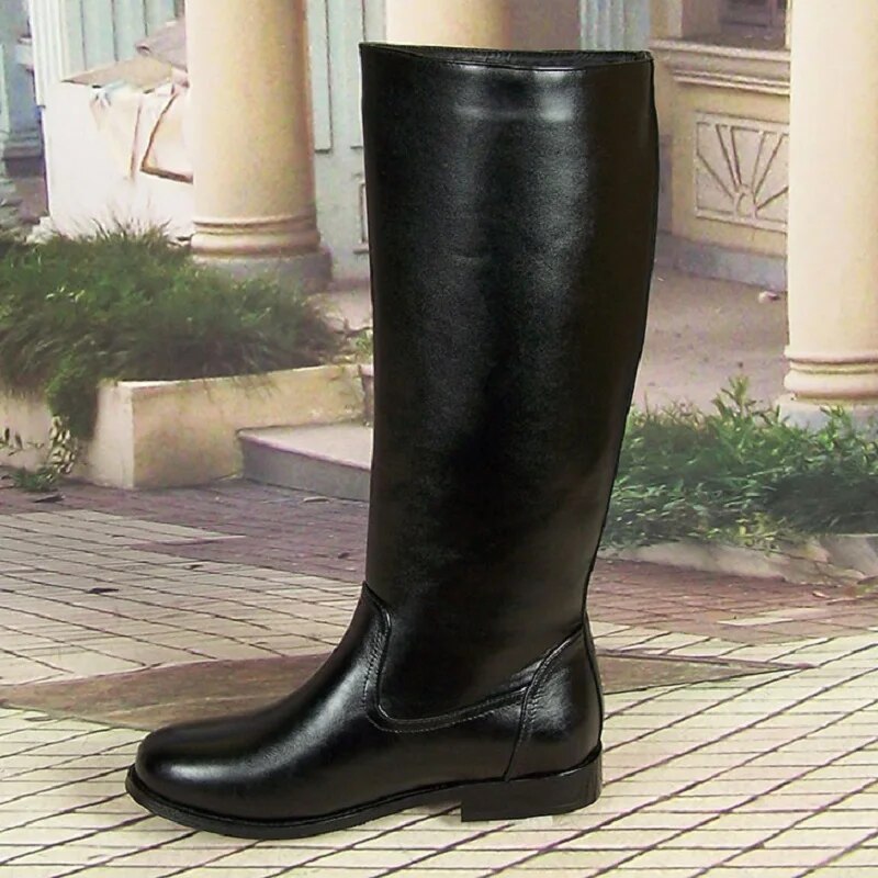 Genuine Leather Mesh Long Equestrian Boots Winter Male Plush Cow Leather Military Boots