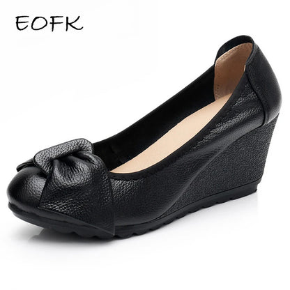 EOFK Wedges Platform Elegant Boat Shoes Slip-on Pumps Genuine Leather Woman Women's High Heels Shallow Lady