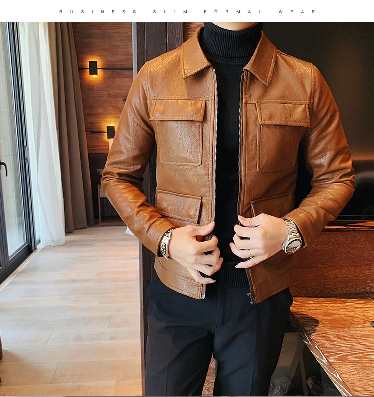 Men Faux Leather Jacket Oblique Zipper Jackets Motorcycle Black Jaqueta De Couro