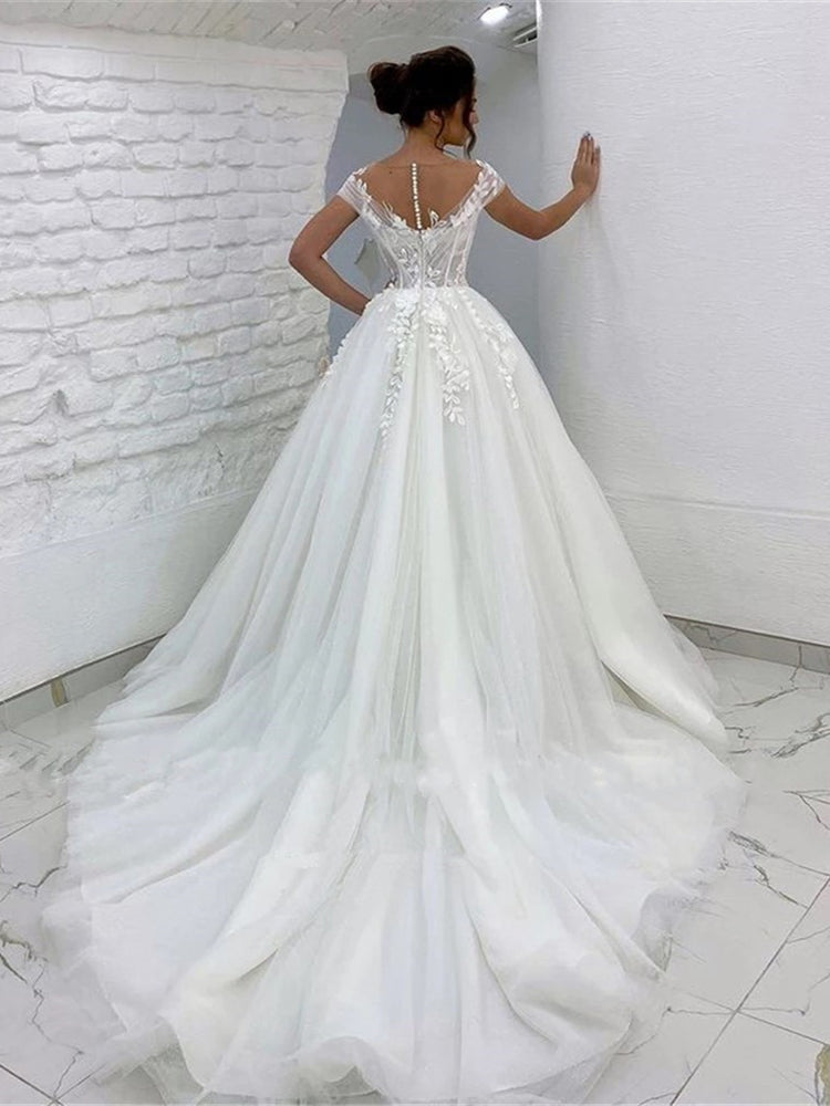 White Bridesmaid Dresses: Ivory Wedding Dress Tulle V-neck A-line Long