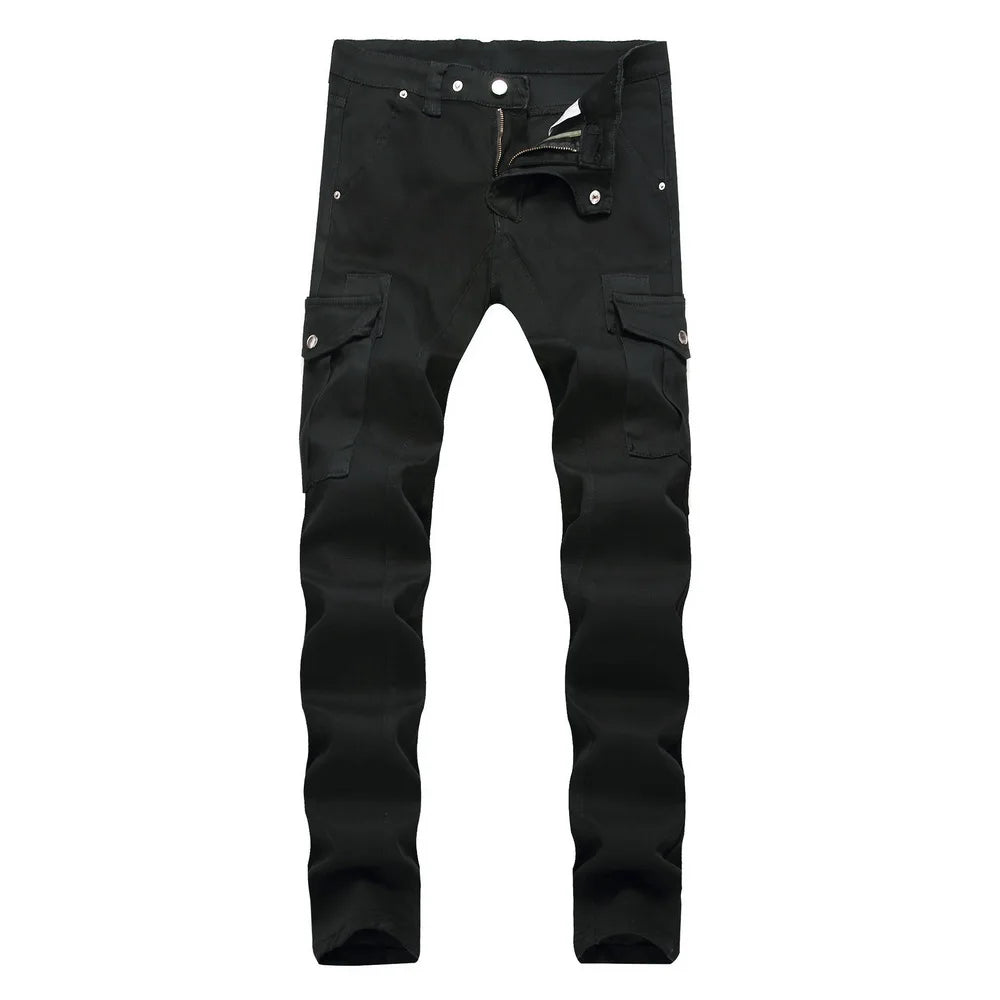 Motorcycle Denim Pants Men's Black Jeans Fashion Stretch Zipper Skinny Jeans