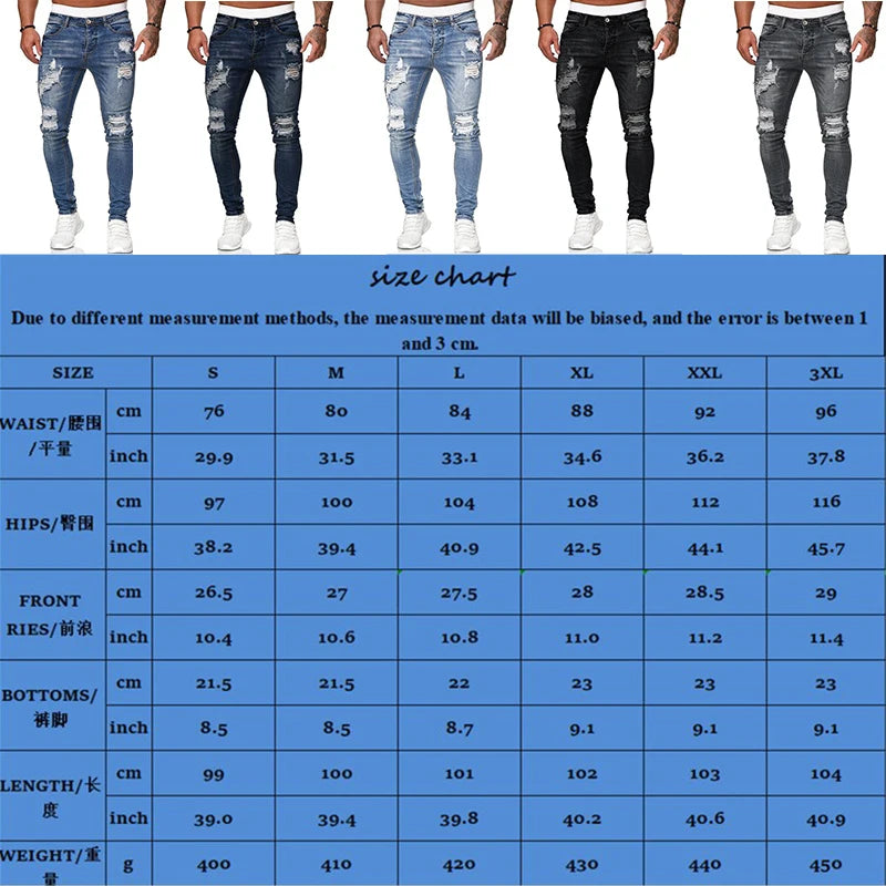Mens Ripped Skinny Jeans Blue Slim Fit Hole Pencil Pants Biker Casual Trousers