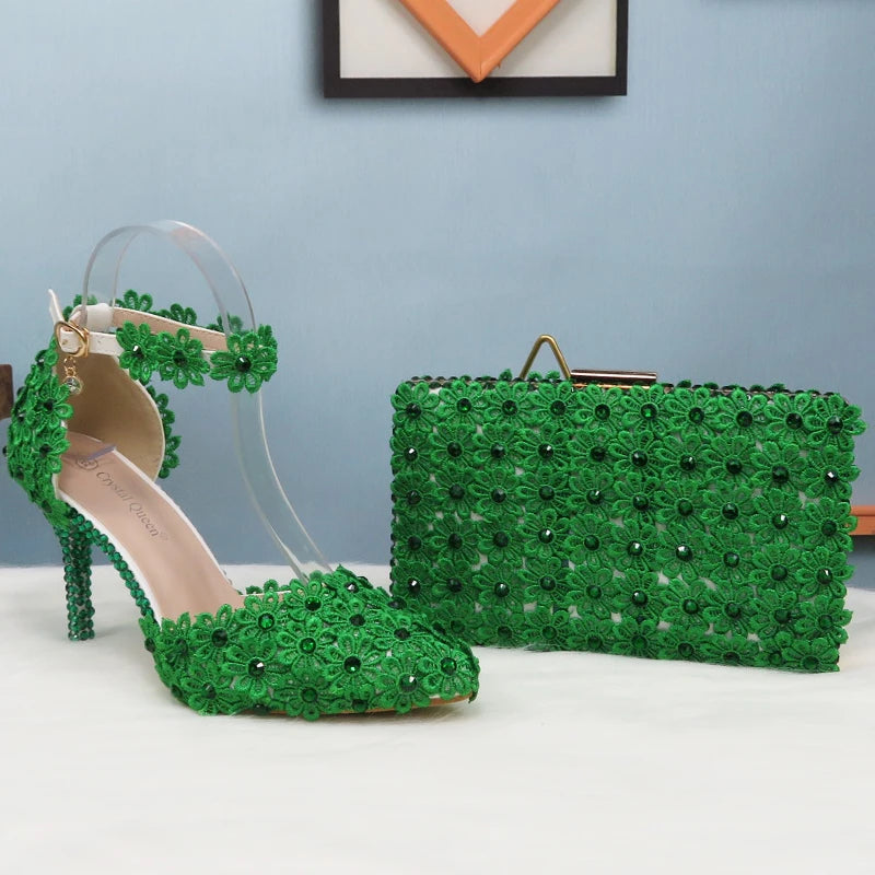 Green Lace Flower Wedding Shoe And Bag Set Pearl Heels Pointed Toe Ankle Strap Ladies Party shoe with matching bag Lace-up