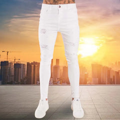 Mens Jeans Hip Hop White Moto Skinny Ripped Pure Color Elastic Denim Pants