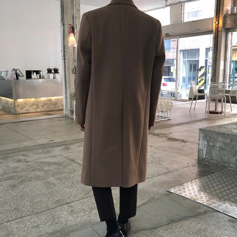 Men's Autumn Winter Mid Length Woolen Coat New Korean Tide Black Thickned Jackets