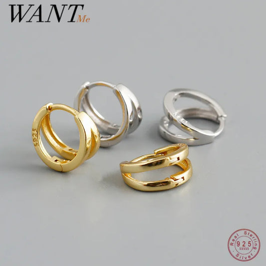 WANTME 925 Sterling Silver Simple Glossy Double Ear Buckle for Women Unique Charm Party Hoop Earrings Fine Jewelry Accessories