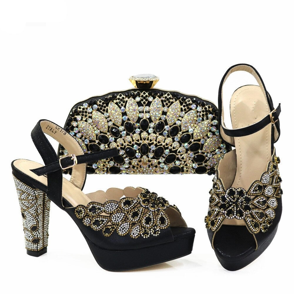 Gold High Heels Shoes And Purse Bag Set Woman