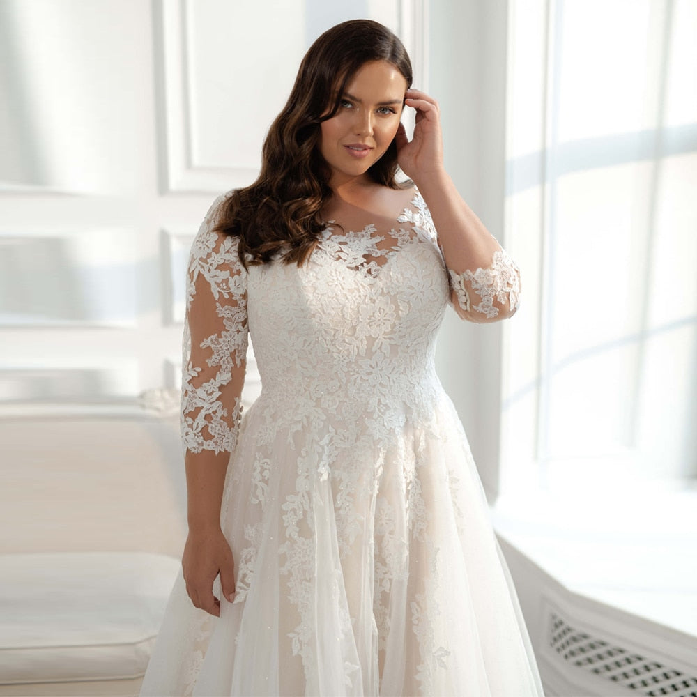 White Bridesmaid Dresses: Wedding Dress Plus Size 3/4 Sleeves Glitter Tulle Lace