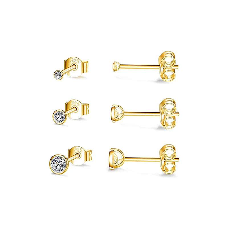 CANNER 3pcs/set Bling Zircon Earring 925 Sterling Silver Cute Mini Heart Star Stud Earrings Ear Bone Earlobe Piercing Jewerly
