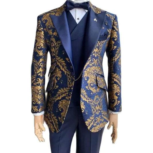 Tuxedo for Mens: Floral Jacquard Tuxedo Suits for Men Wedding Slim Fit Navy Blue