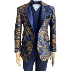 Floral Jacquard Tuxedo Suits for Men Wedding Slim Fit Navy Blue and Gold Gentleman Jacket