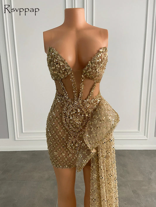 Homecoming Dresses: Sweetheart Sleeveless Gold Sequined Short Prom Dresses