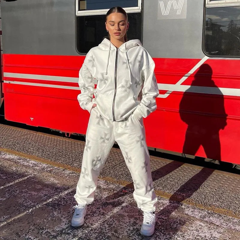 Cross Graphic Rhinestone Sweatpants White Elastic Drawstr Oversize Pants