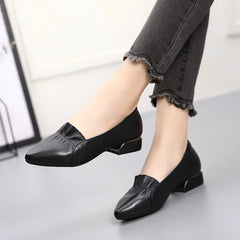 Brand Shoes Thick Heel Ladies Pumps Genuine Leather Pointed Toe