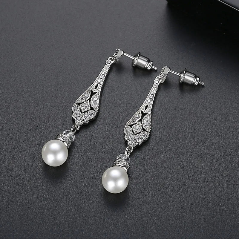 SLBRIDAL Pave Setting Fashion CZ Crystal Pearl Women Girls Earring AAA Grade Cubic Zircon Earring Bridal Wedding Dangle Earring