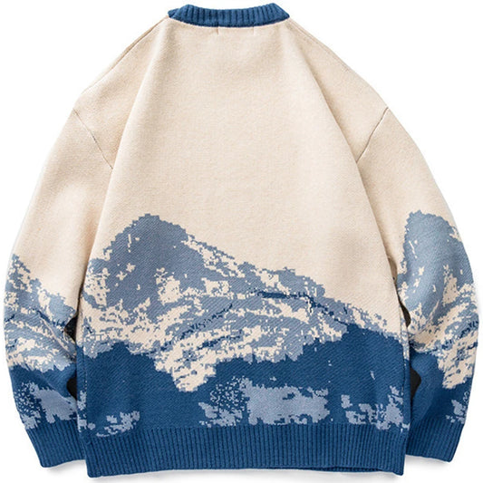 Men Hip Hop Streetwear Harajuku Sweater Vintage Japanese Style Snow Mountain Knitted