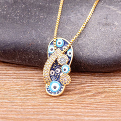 Pave CZ Rhinestone Enamel Slipper Pendant For Women Blue Evil Eye Necklace