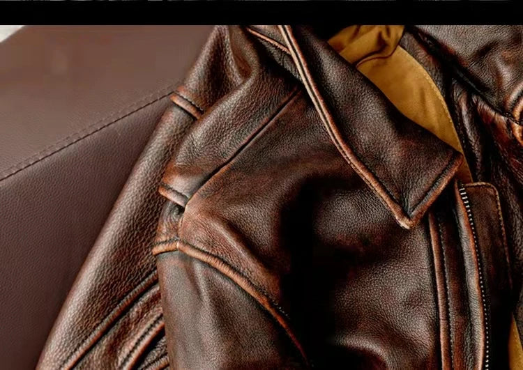 Men Leather Jacket  Swallow Tailed Vintage Motorcycle Top Cowhide Coat