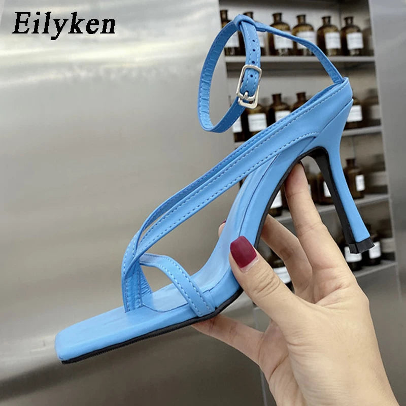 Eilyken New Fashion Pinch Narrow Band Women Sandals 2024 Summer Square Open Toe Ankle Buckle Strap High Heels Ladies Shoes