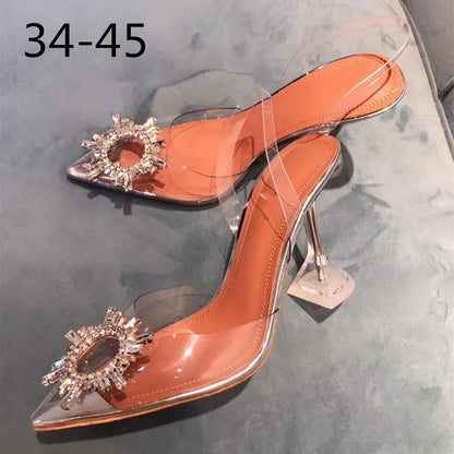 34-45 PVC Transparent Crystal Shoes 2023 Summer New Pointed Odd Heel Shoes Stiletto Ladies Sun Decoration Wild Fairy Shoes