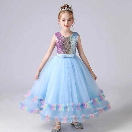 Girls Clothes Wedding Frock Gown Sequined Stitching Cake Mesh Skirt