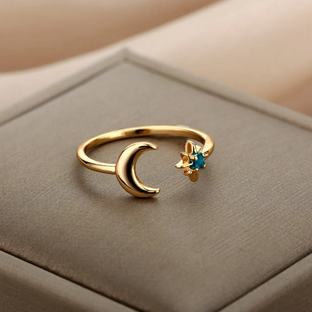 Zircon Moon Star Rings For Women Stainless Steel Glowing Moon Star Adjustable Finger