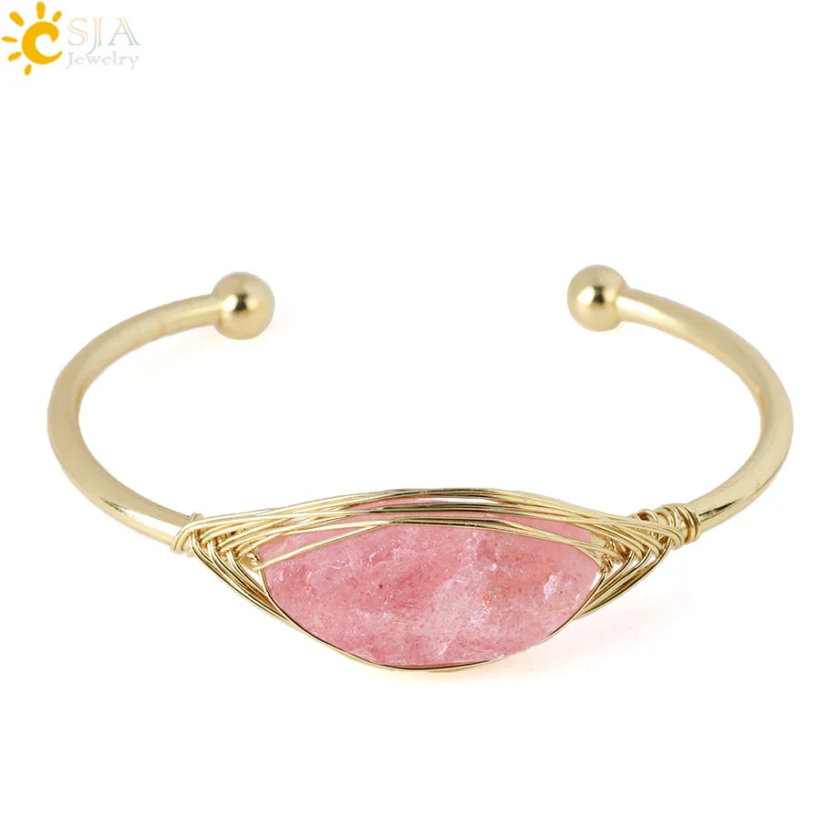 CSJA Gem Stone Open Cuffs Bracelets Crystals Natural Stones Bangles Gold Color Wire Wrap Bracelet for Friend Bijoux Femme G866