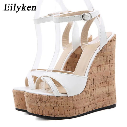 Eilyken Summer White Women's High Heels Hollow Out Sandals Platform Buckle Wedges Front Open Toe Ladies Shoes