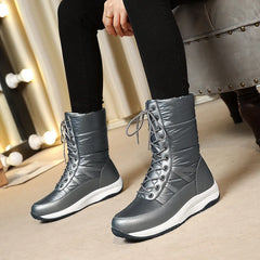 Large Size Flat-Bottomed Warm Winter Snow Boots Lace Up Women's Boots Waterproof Ultra-Light Cotton Shoes Warm Mid-Calf Boots